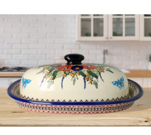 Chlebak kamionkowy duży niebieski dekoracje Bolesławiec