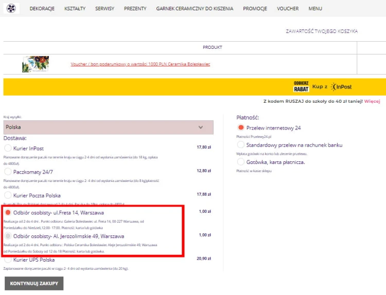 Voucher / bon podarunkowy o wartości 50 PLN Ceramika Bolesławiec