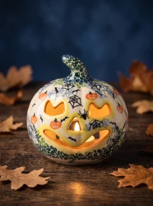 Lampion dynia wys. 14 cm Halloween Pająki Ceramika Bolesławiec Galia