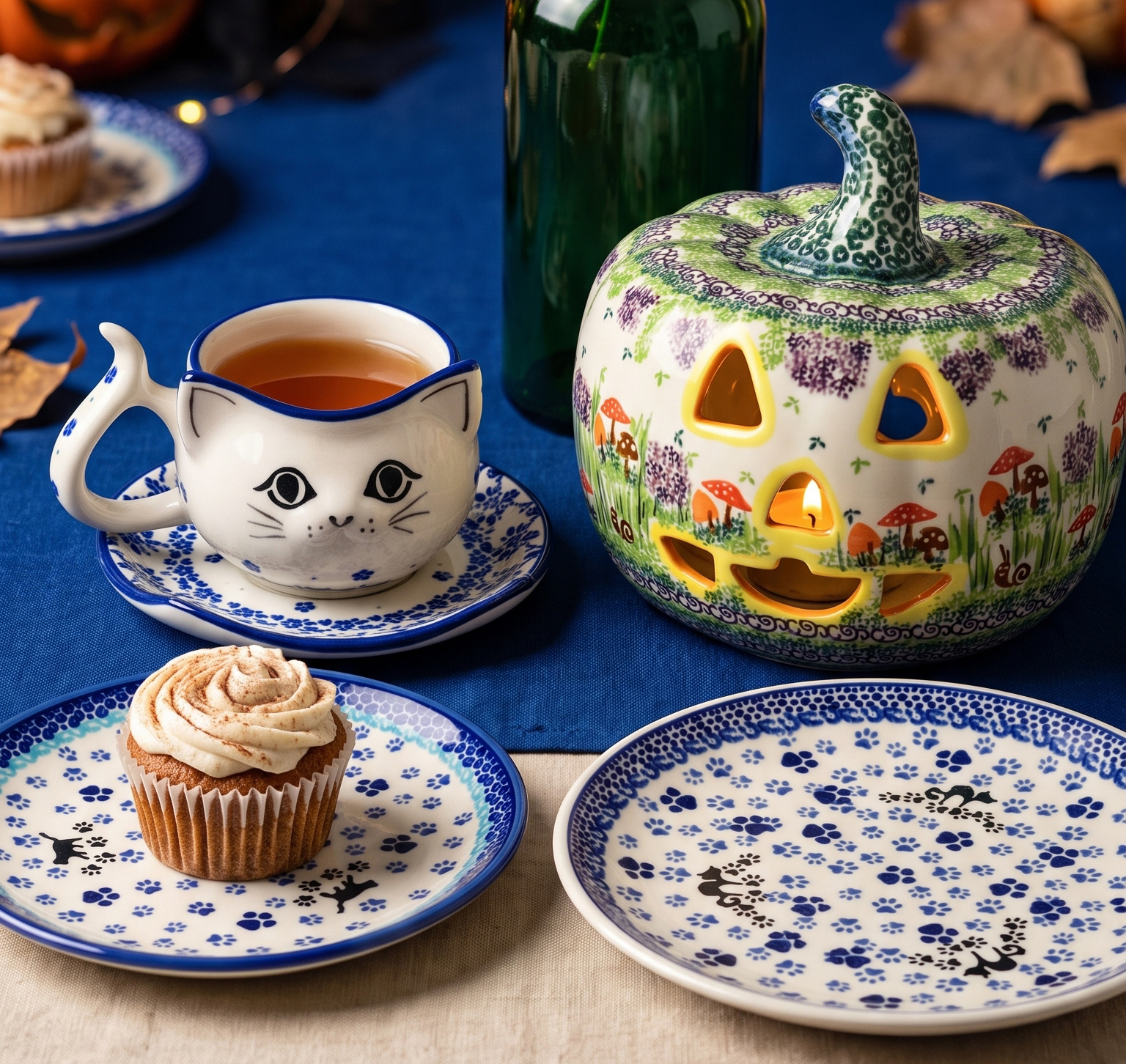Ceramiczne naczynia, ręcznie malowane, ceramika artystyczna bolesławiec dekoracja 166A kobaltowe kwiaty, groszki,  zakłady ceramiczne bolesławiec