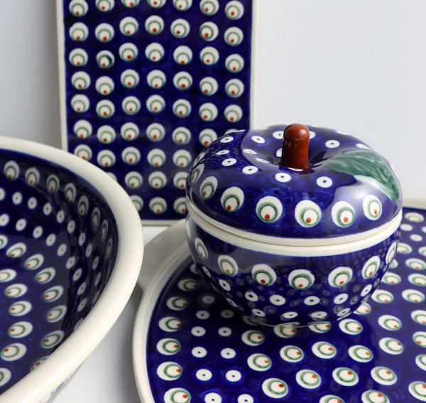 Ceramiczne naczynia, ręcznie malowane, ceramika artystyczna bolesławiec dekoracja 487 groszki, pawie oczka  zakłady ceramiczne bolesławiec